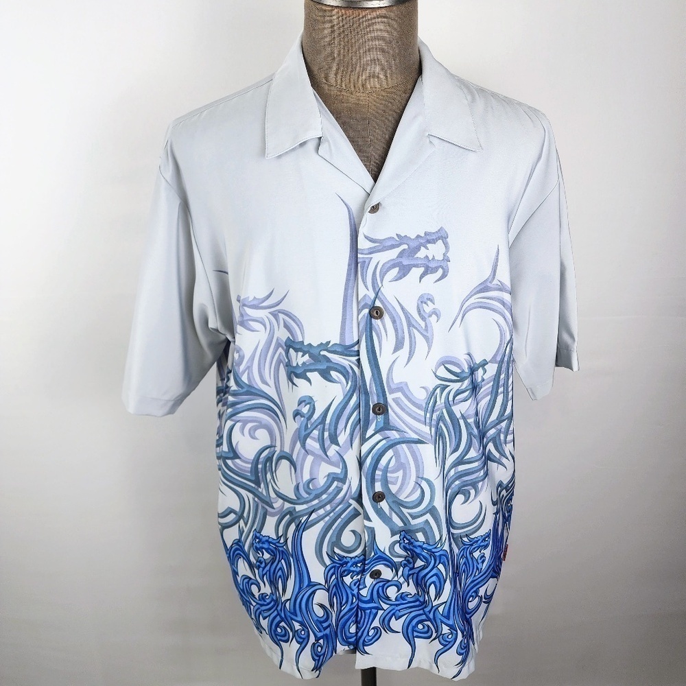 PINEAPPLE CONNECTION- Mystic Origins Mens Large Camp Shirt Dragon Flames- Gray